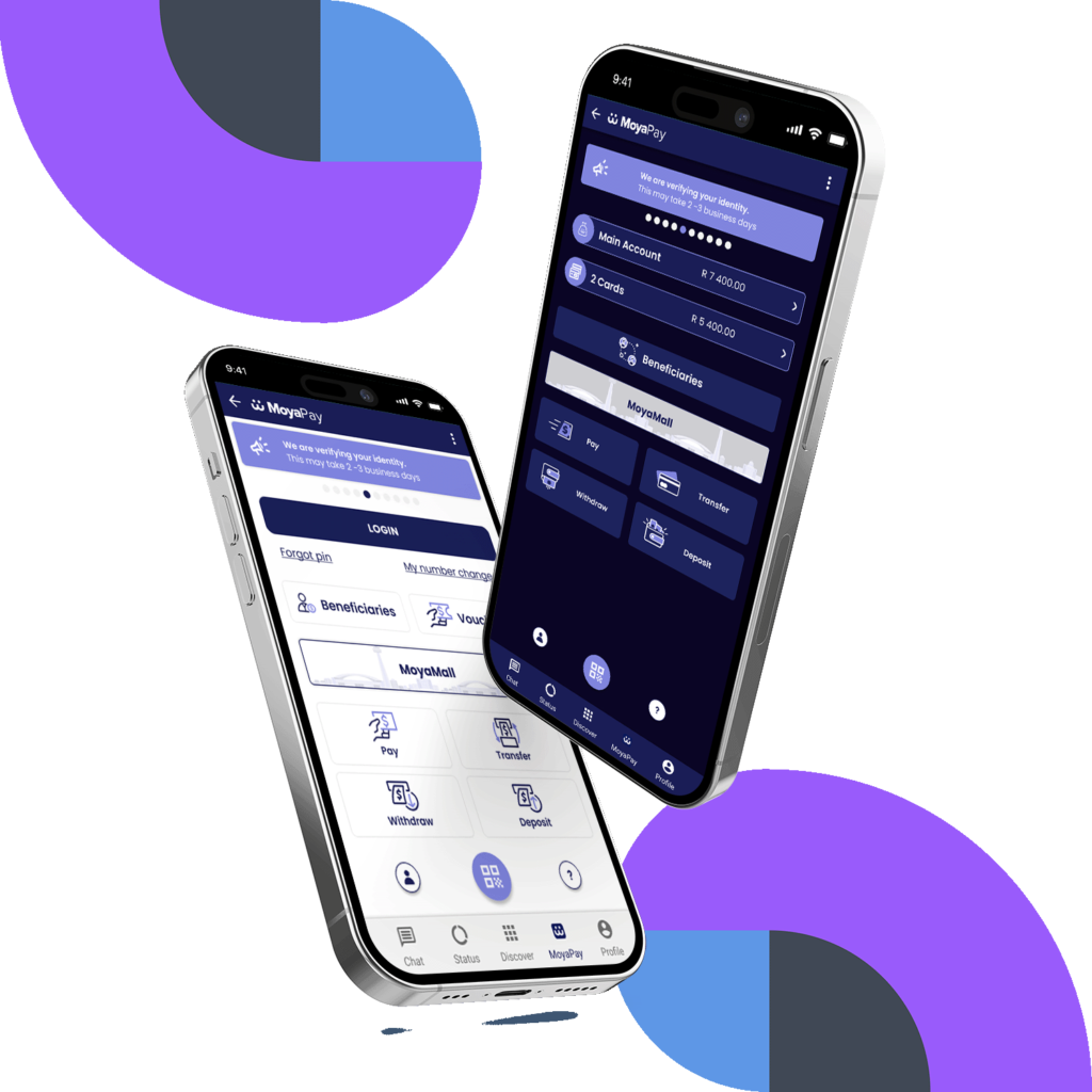 Two smartphones displaying Moya app’s wallet interface with branding elements